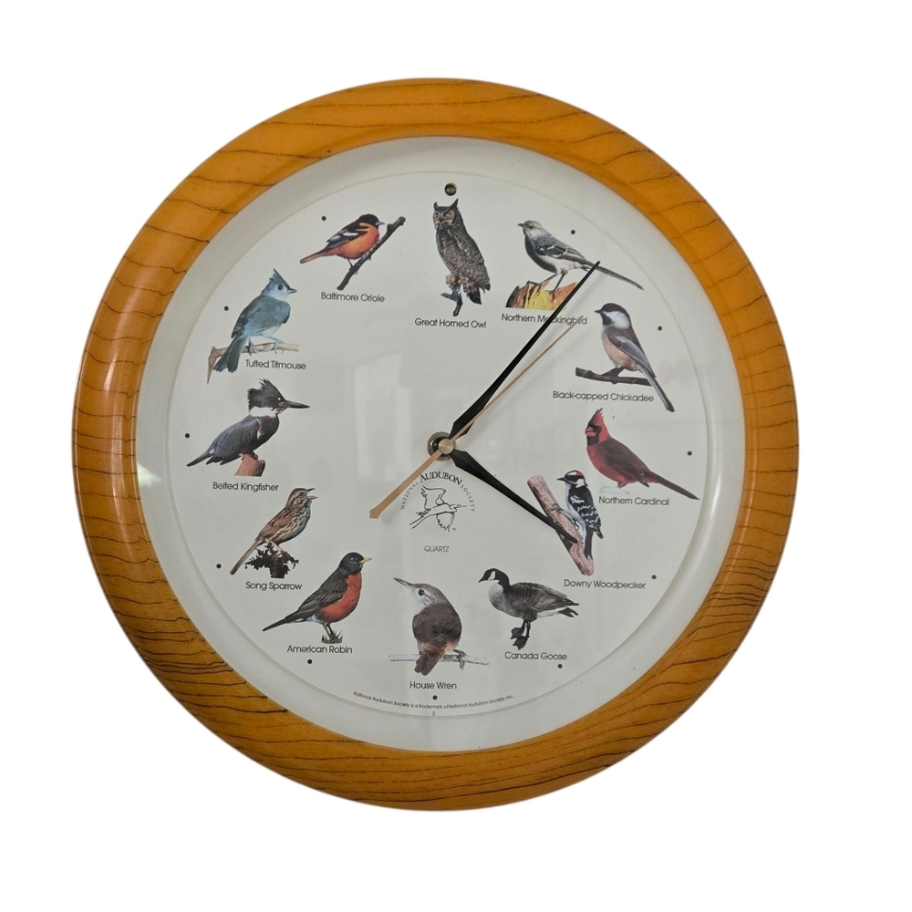 National Audubon Society 13" Wall Clock Singing Bird Songs Faux Wood Frame